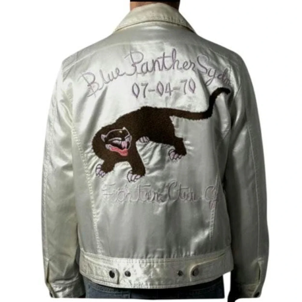 NWT Diesel Satin Bomber Jacket Panther Embroidery - Silver/White Size M Rare VTG